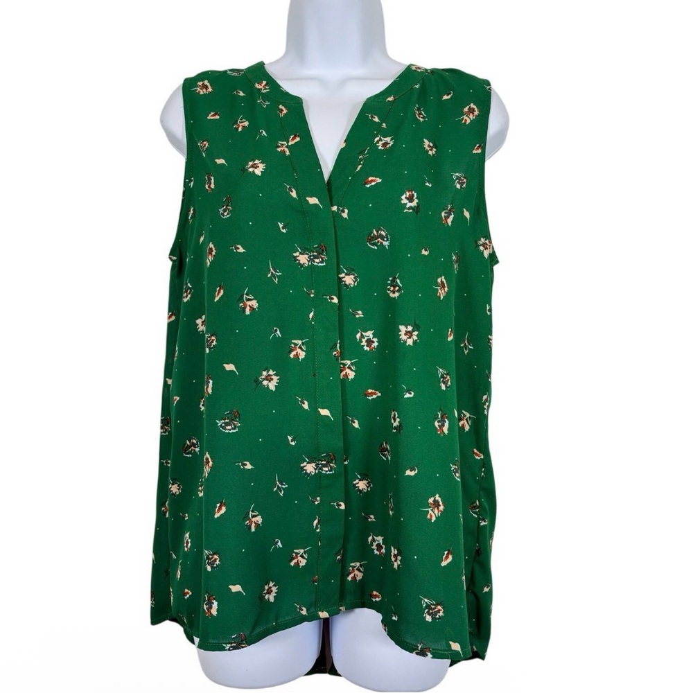 NWT Zac & Rachel Green Floral Sleeveless Blouse Size M V-Neck Flowy Spring Top